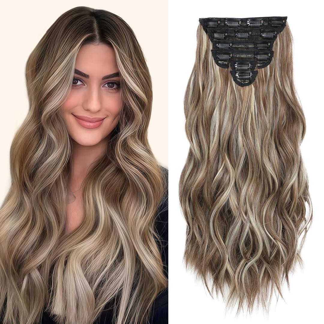 Clip in Hair Extensions for Women, Medium Brown with Ash Blonde, 20 Inch 6PCS Hairpieces Long Wavy Soft Thick Hair Extensions Clip ins