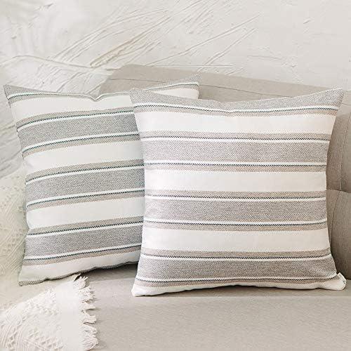 NATUS WEAVER Stripe Decorative Throw Pillow Cases Cushion Covers Faux Linen Textured for Sofa Bedroom Car 16 x 16 Inch 40 x 40 cm 2 Pieces