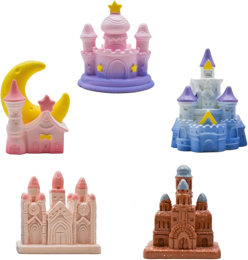 5Pcs Miniature Dreamy Castle Figurines Mini Fairy Tale House Figures Resin Fantasy Cake Toppers for DIY Fairy Garden Micro Landscape Desktop Decors