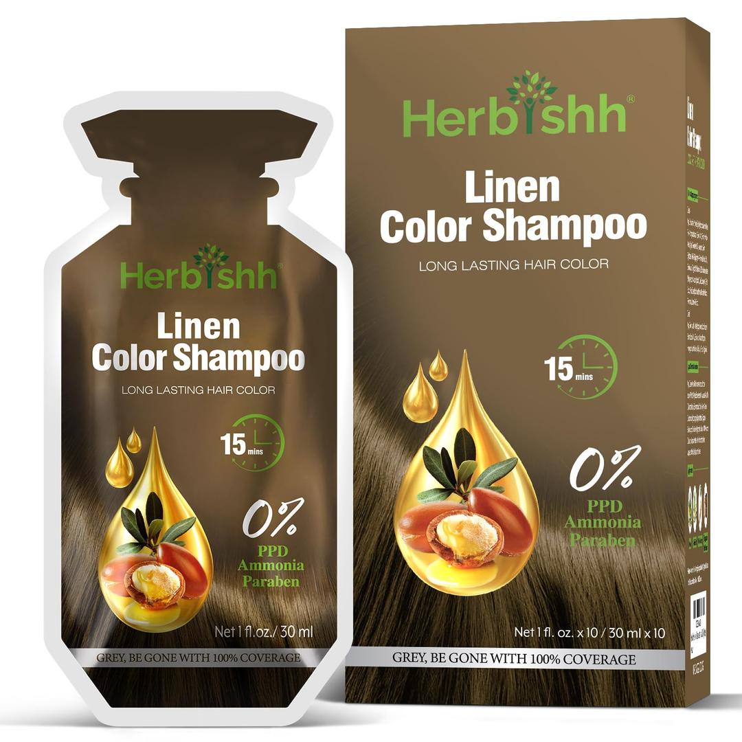 Herbishh Linen Hair Shampoo, Hair Color for Gray Coverage, 3 in 1 Hair Dye Shampoo - champu para tenir el cabello, Colors in Minutes, Easy to Use PPD Free Pouch 30mlx10p