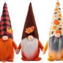 TomteNisse 3 Pcs Fall Decoration Harvest Thanksgiving Decorations Gnomes Plush Elf Dwarf Doll Figurine with Pumpkin Autumn Maple Leaves