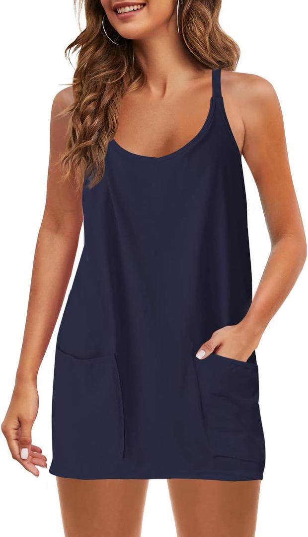 Panadila Womens Summer Sleeveless Mini Dress V Neck Spaghetti Strap Sundress Athletic Short Dress with Pockets (Blue, XS)