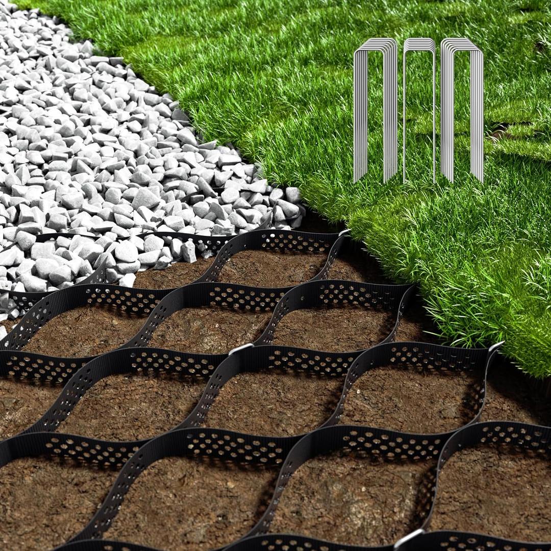 Gravel Grid 8.9x34 FT with 20Pcs Landscape Staples, 2'' Thick Geogrid Ground Grid 1900 lbs per Sq Ft Erosion Control Geo Grid for Driveway, Walkway, Horse Paddock, Patio, Parking Lot, Slope