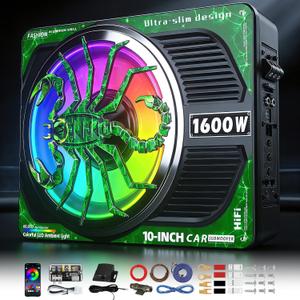 1600W Slim Underseat Car Subwoofer and Amp Package, Under Seat Subwoofer with Built-in Class D Amplifier, RGB Beat-Synced Light, Deep Subsonic Bass, Powered Subwoofer Car Audio for Truck/SUV