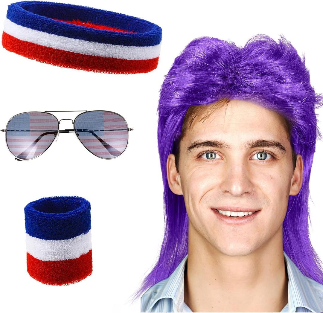 Chuangdi Mullet Wigs for Men 80s Retro Men's Mullet Wig with Patriotic Sunglasses & Wristband for Halloween Disco Style Party Costumes 4th of July Independence Day (Purple)