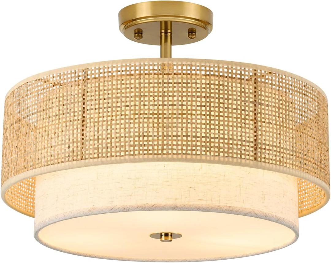 Semi Flush Mount Ceiling Light, 16" Gold Light Fixtures Ceiling Mount, 3-Light Boho Rattan Linen Drum Light Fixture, Modern Farmhouse Chandelier for Bedroom Entryway Living Room Hallway Foyer