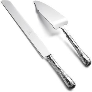 2 Piece Wedding Cake Server Set,18/10 Stainless Steel Dessert Set Pie Server Cake Cutter Knife for Birthday,Anniversary,Holiday,Baby Shower,Party (Versailles, Stainless steel-V)