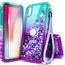 NGB Designed for iPhone X & iPhone Xs Case, Aqua/Purple | Glitter Liquid Sparkle Cute Cover for Women Girls Kids | with Tempered Glass Screen Protector & Ring Holder & Wrist Strap Lanyard