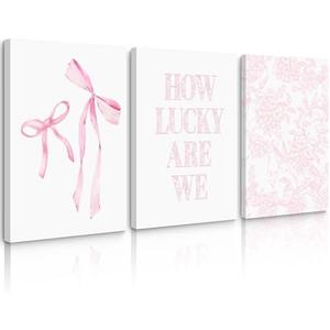 Pink Bow Floral Wall Art Preppy Aesthetic Canvas Wall Decor Trendy Coquette Posters Pink Bow Pictures Chinoiserie Flower Prints Painting for Girls Dorm College Apartment 12x16 Inch Ready to Hang 3Pcs
