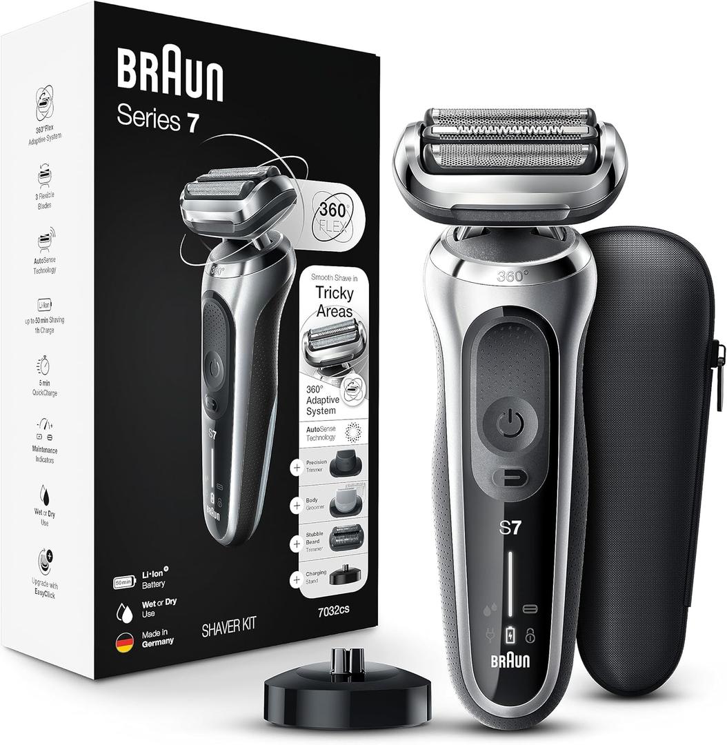 Braun Series 7 7032cs Flex Electric Razor for Men, Wet & Dry, Electric Razor, Rechargeable, Cordless Foil Shaver with Beard Trimmer and Charging Stand, Silver (11 Piece Set)