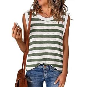 Dokotoo Women Summer Sleeveless Tops Fashion Sweater Vest Striped Knit Tank Top for Women Casual Cute High Neck Color Block Cami Shirts 2025 Trendy Camisole Blouses Green XX-Large