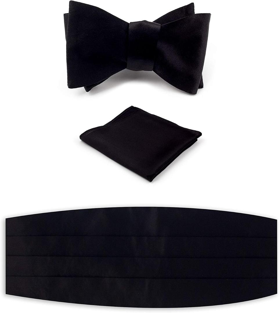 NV Holders: Men's Premium 100% Silk Cummerbund, Bow Tie, Handkerchief - Black Tuxedo set (Black)