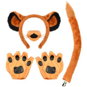 Lion Costume Accessory Set with Ears Headband, Nose, Paw Gloves, Clip-On Tail, Orange and Black, One Size