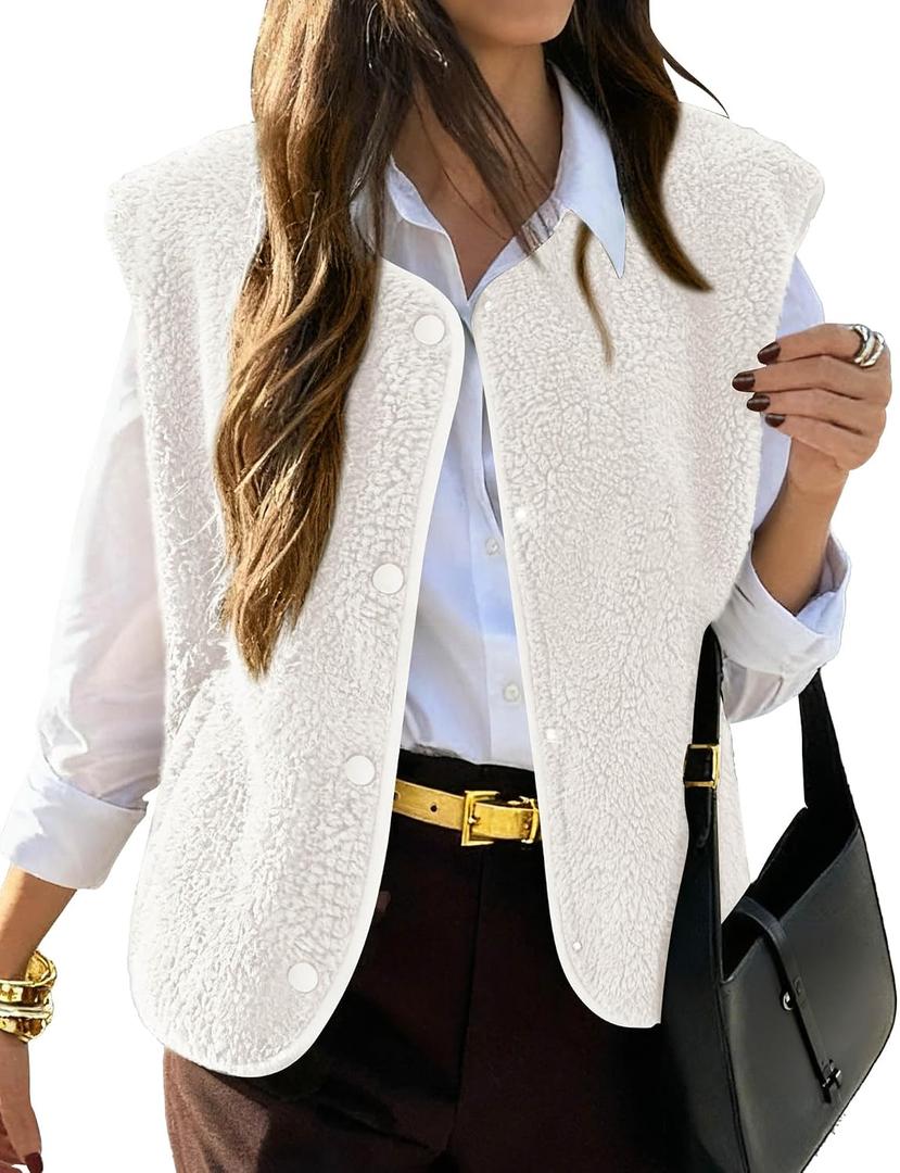 KIRUNDO Women's Fall Winter Fleece Vest 2025 Trendy Sleeveless Sherpa Jacket Button Down Open Front Fuzzy Warm Outerwear (White, S)