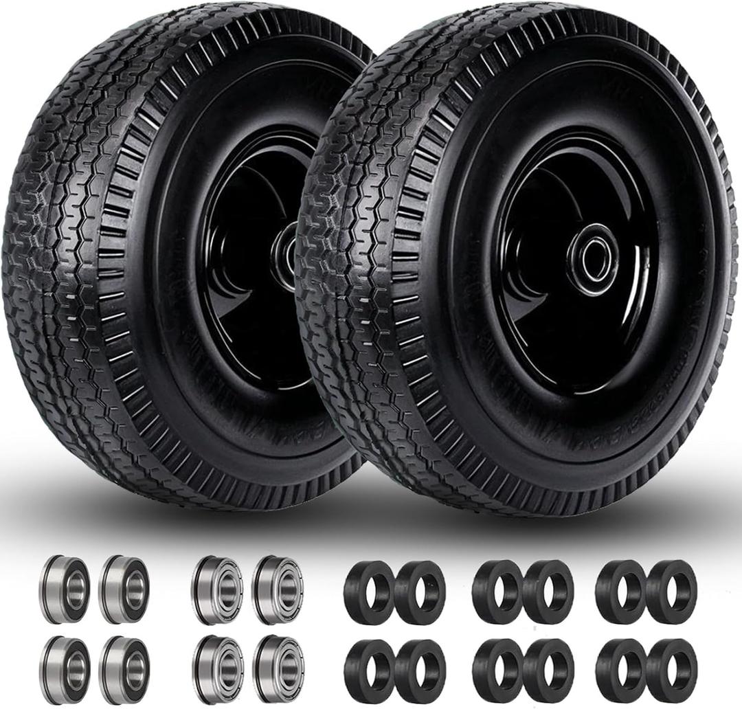 4.10/3.50-4" Flat Free Tire and Wheel, 10 Inch Solid Tire with 5/8" Axle Bore Hole with 3/4" & 1/2" Extra Bearings, 2.2" Offset Hub for Wheelbarrow, Wagon, Gorilla Cart, Dolly, Hand Truk, Generator (black)