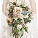 Ling's moment Intimate Brown Bridal Bouquet Cascading, Beige Wedding Bouquets for Bride, 13 Inch Bride Bouquets for Wedding Artificial Flowers Bouquets