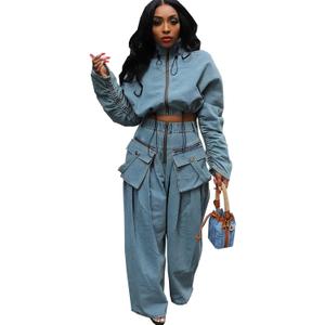 Angsuttc Womens Two Piece Sets Denim Outfit Ruched Long Sleeve Zip Up Cropped Jean Jacket Wide Leg Pants Chic Set (Large, Blue)