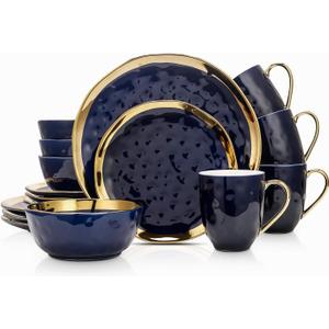 Stone Lain Porcelain 16 Piece Dinnerware Set, Service for 4, Blue and Golden Rim, Dark Blue