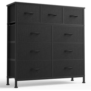 DUMOS 9 Drawer Dresser for Bedroom, Fabric Storage Organizer with Sturdy Metal Frame, Wooden Top Chest of Drawers for Closet Entryway Guest Room,Matte Black