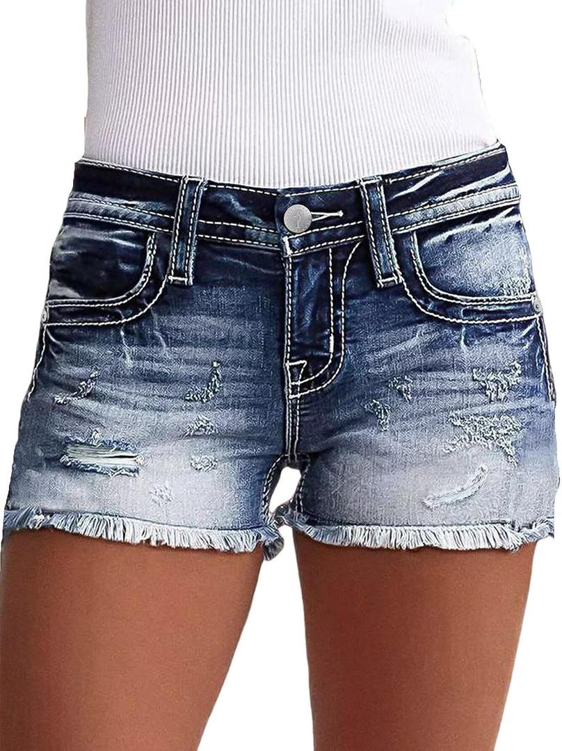 Flamingals Jean Shorts for Women Mid Waisted Stretchy Ripped Denim Shorts Raw Hem Curvy Summer Trendy (Blue, L)