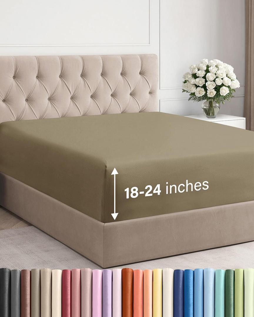 Extra Deep Cal King Fitted Sheet - Hotel Luxury Single Fitted Sheet Only - Easily Fits 18 inch to 24 inch Mattress - Ultra Soft, Wrinkle & Fade Free w/Extra Deep Pockets - Breathable & Comfy - Khaki