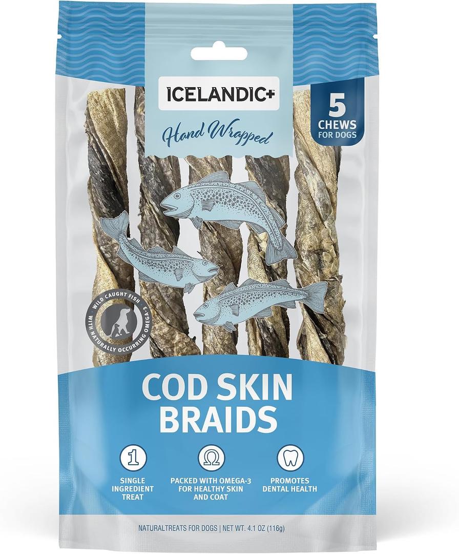 Icelandic+ Cod Skin Braids - 5 Pack - Dog Treat Chews, 5.5-7" Sticks, Single Ingredient, Air-Dried, Hand-Wrapped Wild-Caught Fish, Omega-3 Pet Snack (EXP 10/03/27)