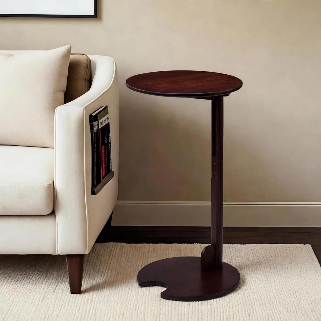Bamboo Side Table for Sofa - Adjustable Height C Shaped End Tables for Small Spaces, Couch, Bedside, Living Room, 12.6x12.6x26 Inch TV Tray Round Stand for Drink, Snack, Coffee (Chestnut)