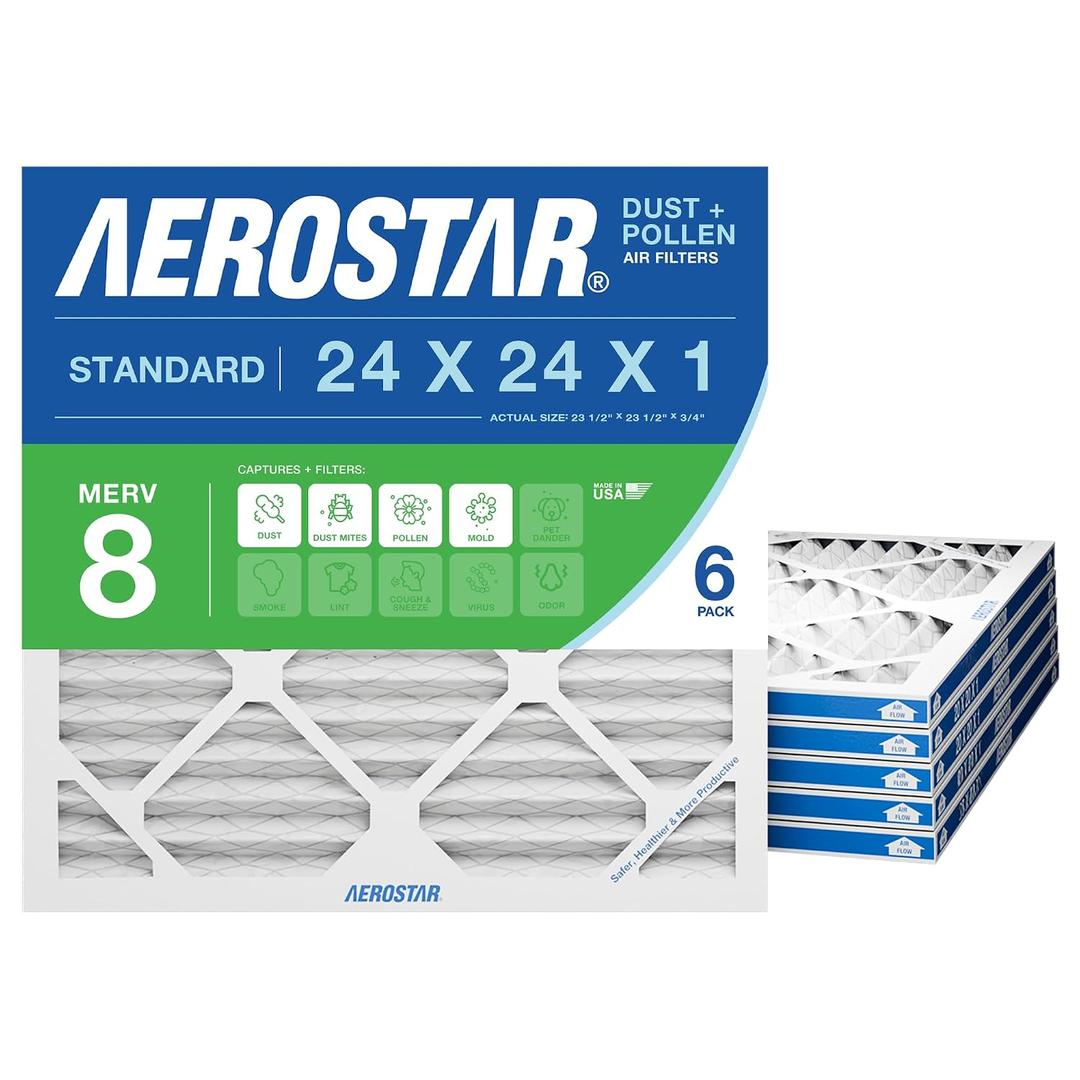 Aerostar 24x24x1 MERV 8 - 6 Count - High Efficiency Pleated HVAC, Furnace & Air Conditioner Filters - Removes Dust, Lint, Mold & Allergy-Causing Pollen