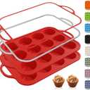 2 Packs 12 Cups Silicone Muffin Pan for Baking with Metal Reinforced Frame Regular Size Cupcake Pan Tray Egg Bites Silicone Cookie Molds Muffin Tin Tart Pans Sheet Set for Oven Dishwasher Safe (Red)