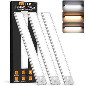 Under Cabinet Lighting Wireless, 54 LED Motion Sensor Light Indoor, 3 Color Dimmable Closet Lights Battery Operated, Rechargeable Magnetic Light, Under Counter Lights for Kitchen, Stairs, Home (3Pack)