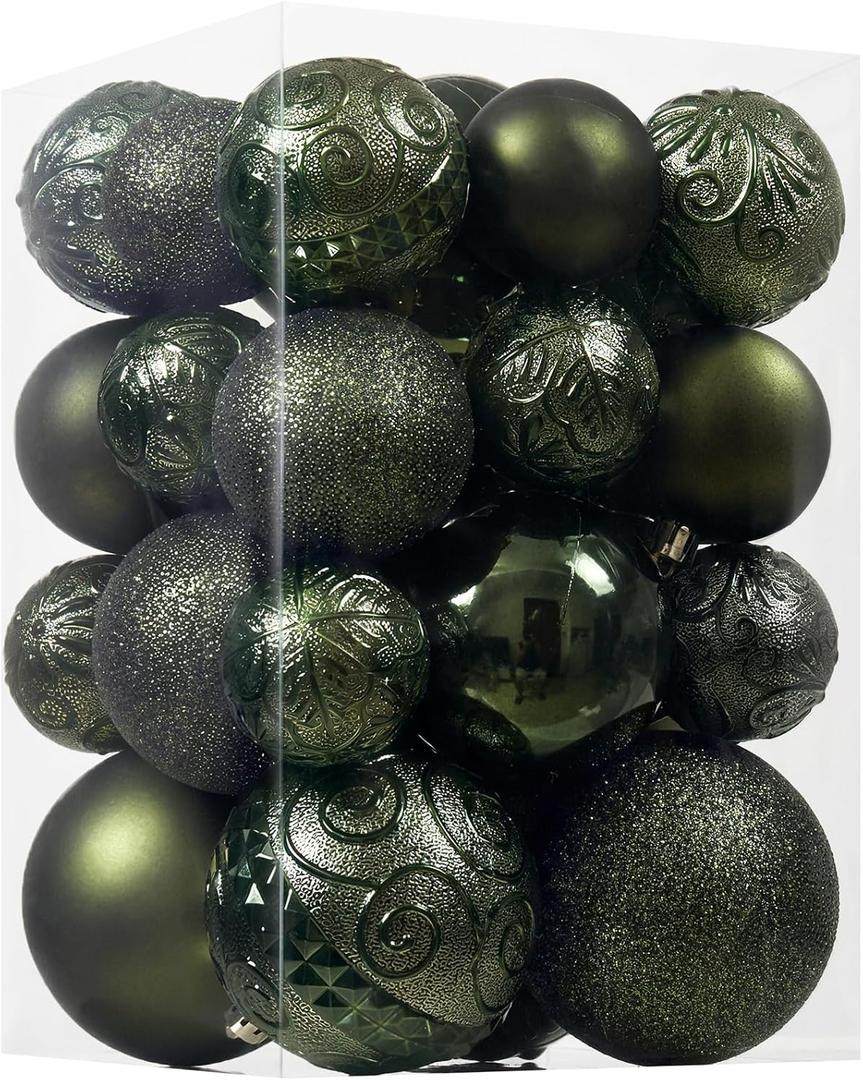 Christmas Ball Ornaments - 30pcs Shatterproof Christmas Ornaments Set Plastic Hanging Christmas Decorations for Xmas Tree Holiday Party Decor, 6 Styles in 4 Sizes (Dark Green)