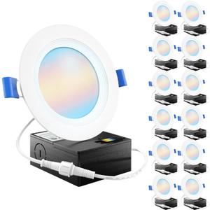 Sunco 12 Pack 4 Inch Recessed Lights, LED Baffle Trim, Selectable CCT 2700K/3000K/4000K/5000K/6000K Dimmable 10W, Canless with Junction Box