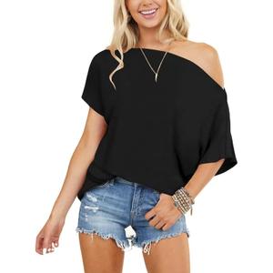 Off the Shoulder Tops for Women Short Sleeve Batwing Shirts Oversized Tee Tunic Summer Casual Loose Fit (X-Large, Black)