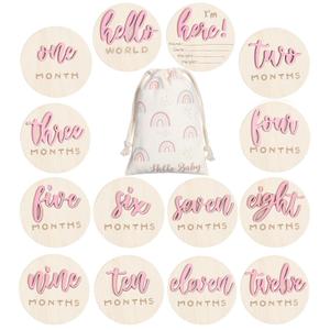 7 Pack 3D Baby Monthly Milestone Card Signs Baby Announcement Sign Double Sided Hello World Newborn Signs Wooden Circles Discs for Welcome Newborn Shower Boy Girl Photo Props(Pink)