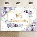MEHOFOND 7x5ft Feliz cumpleaos Backdrop Purple and White Flower Birthday Photography Background Girls Geometric Gold Glitter Dots Birthday Floral Party Decorations Cake Smash Decor Studio Photo Props