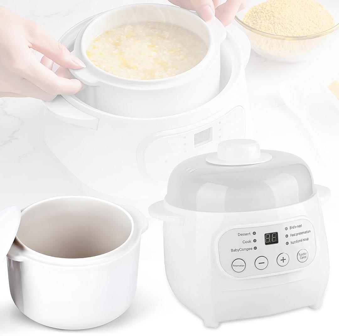 White 1L Mini Slow Cooker with Steamer Basket, 24-Hour Timer and Automatic Keep-Warm Function, 200W Smart Ceramic Electric Slow Cooker, Kitchen Cooking Appliance, 1.1 Quarts