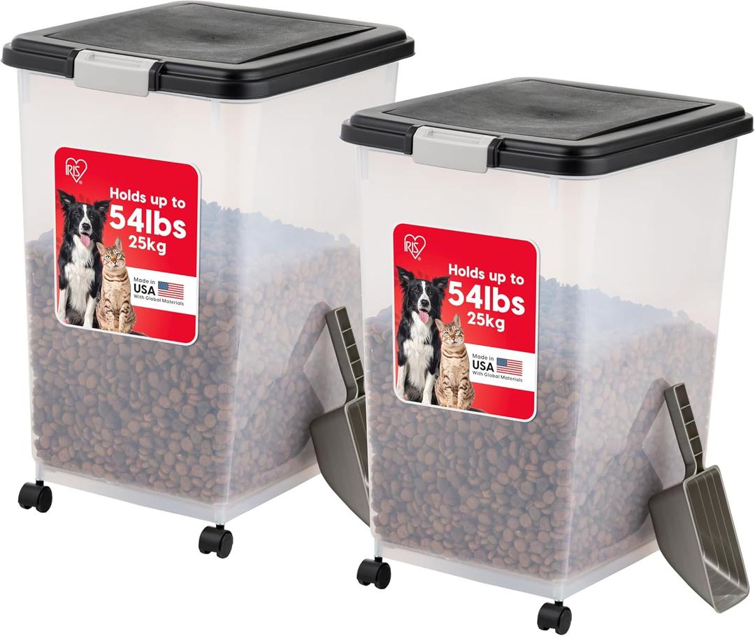 IRIS USA Airtight Dog Food Storage Container, Up to 54 lbs, Attachable Wheels, For Dog Cat Bird and Other Pet Food Storage Bin, Keep Fresh, Translucent Body, Easy Mobility, 2 Pack, Black