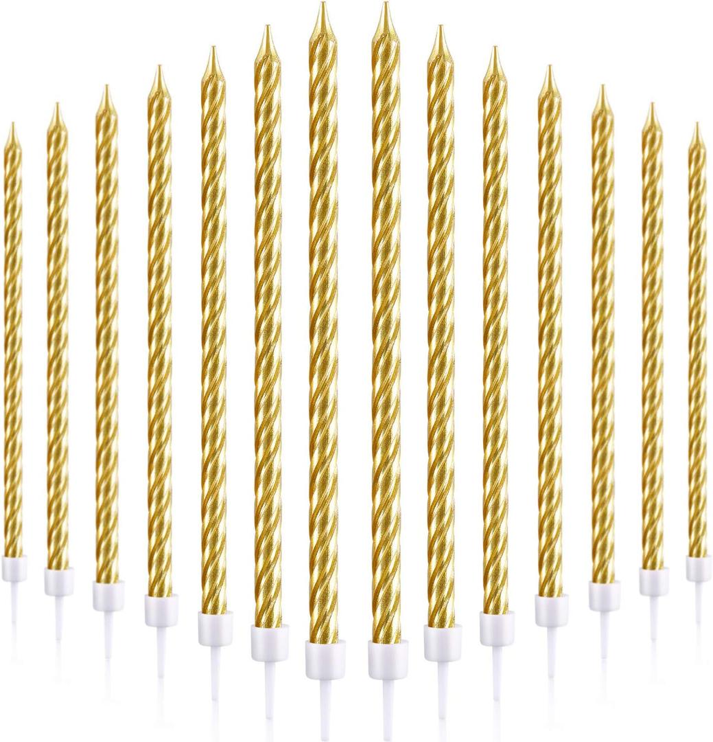 30 Pieces Birthday Candles Spiral Cake Candles Metallic Cupcake Candles Long Thin Cake Candles in Holders for Birthday Wedding Party Cake Decorations (Gold)
