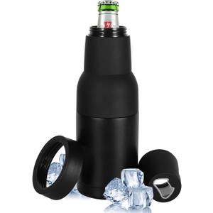 12oz Universal Beer Bottle Holder Double Walled SS Beer Bottle Cooler 3 in 1 Can Koozie with Beer Opener Vacuum Insulated - fit Fishing,Camping Outdoor Activities and Nice Gift for Men(Black)
