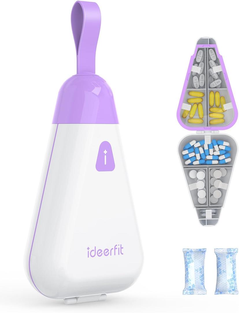 Travel Pill Organizer, 7 Compartments Portable Pill Box with Moisture-Proof Desiccant & Portable Handle, Small Pill Case for Daily Vitamins, Medicine