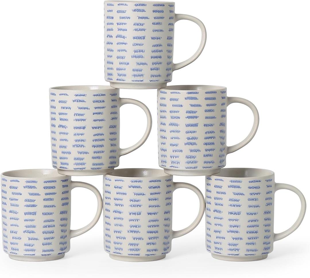 Coffee Mugs Set of 6, 17oz Ceramic Mugs with Handpainted Blue Gray Stripe Pattern, Modern Stackable Coffee Cups, Dishwasher and Microwave Safe Mugs for Home & Office