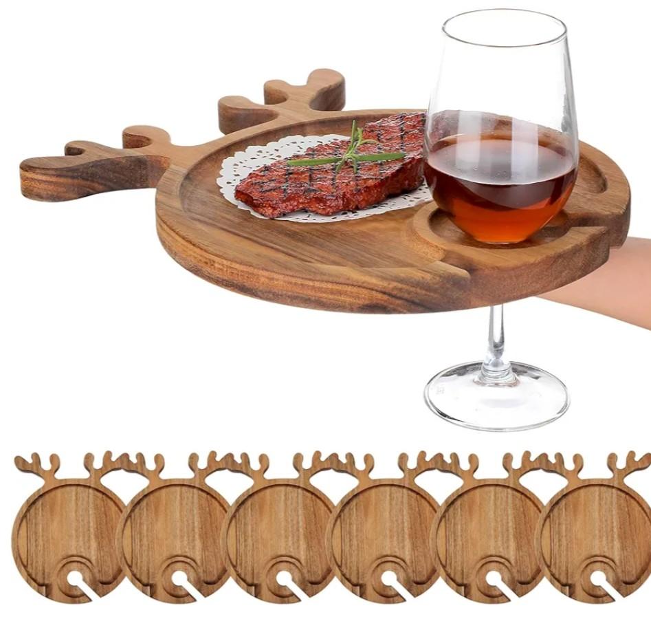 Maxcheck 6 Pcs Christmas Charcuterie Boards 12 Inch Wine Appetizer Plates Acacia Wood Xmas Cutting Board Platters Serving Tray Dish Deer Antler Cocktail Plate with Wine Holder Decor for Kitchen Gift