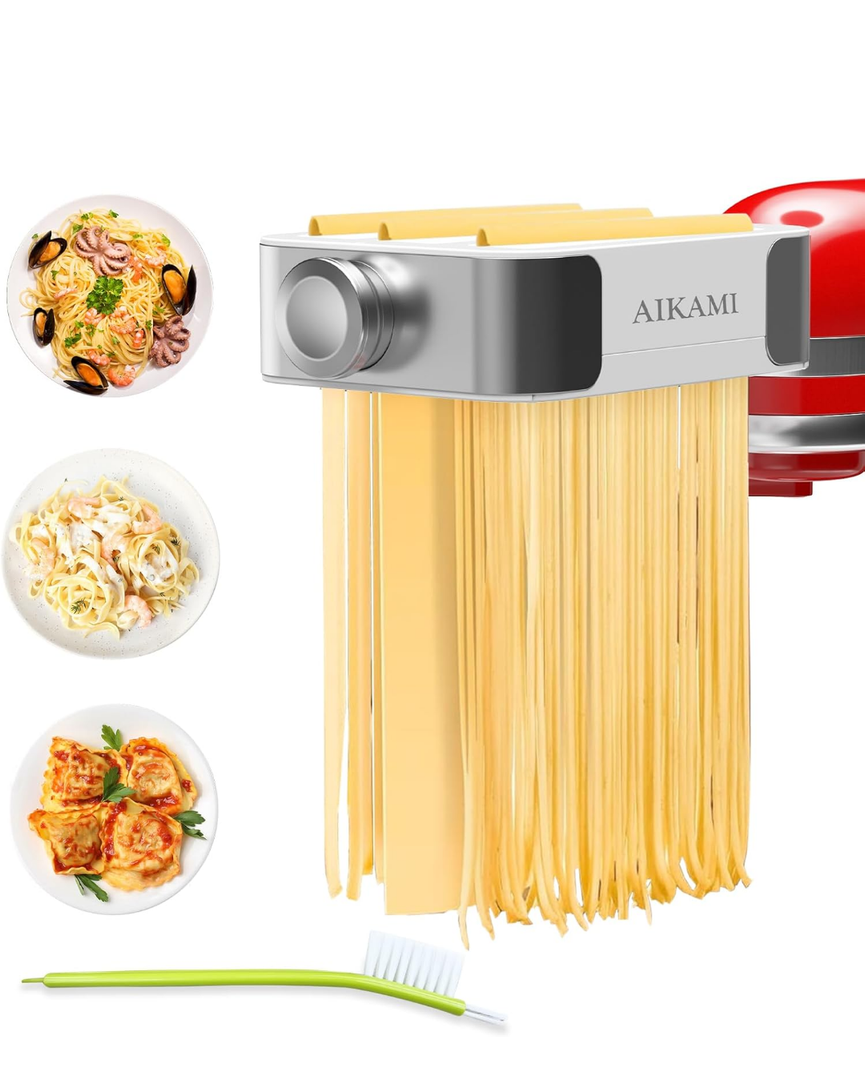 Metal Pasta Maker Attachment for Kitchenaid Stand Mixers 3 in 1 Set Includes Pasta Roller Spaghetti Cutter & Fettuccine Cutter and Cleaning Brush, Pasta Attachment