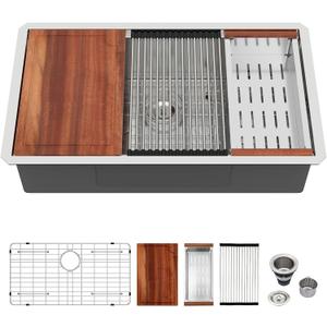 Logmey 33" Undermount Kitchen Sink Workstation 33x19 SUS304 16 Gauge Stainless Steel Under Counter Single Bowl Kitchen Sinks 33x19x9 Inch