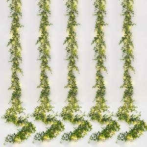 Dolicer 5 Packs Eucalyptus Garland with LED Lights String, 30Ft Faux Eucalyptus Greenery Garland, Artificial Hanging Green Eucalyptus Leaves Vine Wedding Backdrop Arch Wall Table Decor (Grey Green)