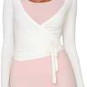 Women Ballet Wrap Top Long Sleeve Self Tie Dance Shirt Pilates Yoga Tops Y2k Workout Active Blouses, White, Size M