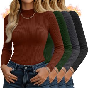 4 Pack Women's Mock Neck Long Sleeve Tops Ribbed Slim Fitted Cotton Thermal Shirts Casual Stretch Tight Base Layer (Black, Dark Gray, Olive Green, Caramel)