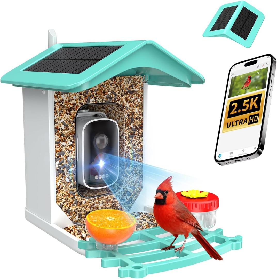 Smart Bird Feeder with Camera, AI Identifies 16,000+ Birds, Solar Powered, 2.5K HD, Auto Capture & Notify, Ideal Gift for Bird Lovers