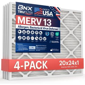 BNX TruFilter 20x24x1 Air Filter MERV 13 (4-Pack) - MADE IN USA - Electrostatic Pleated Air Conditioner HVAC AC Furnace Filters for Allergies, Pollen, Mold, Bacteria, Smoke, Allergen, MPR 1900 FPR 10