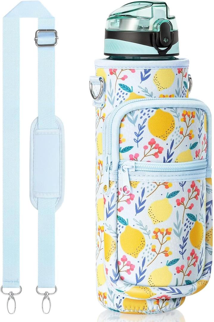 Fimibuke 32 oz Water Bottle with Sleeve - BPA Free Leakproof Sport Large 1L Plastic Motivational Water Bottle with Straw Strap & Insulated Neoprene Holder Carrier Bag Great Xmas Gift for Women Men (Lemon)